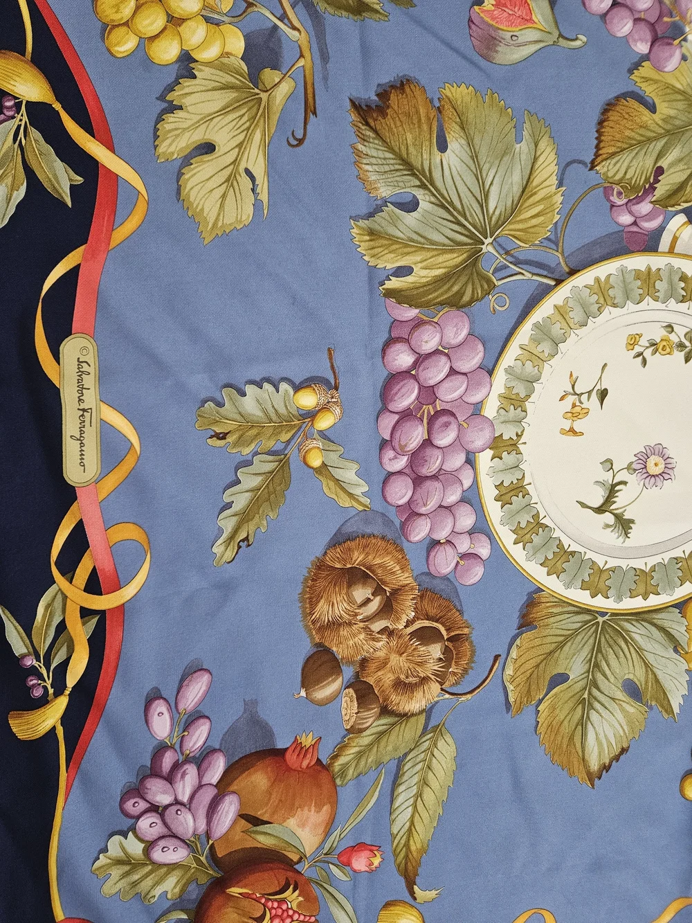 Salvatore Ferragamo Blue and Navy Silk Fruit-Print Scarf